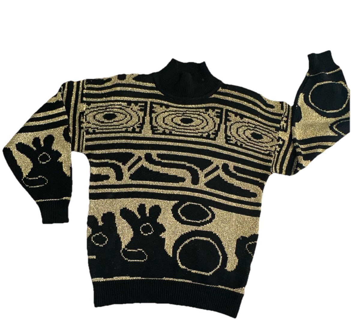 GB • Vintage Black Gold Tribal Oversized Sweater • Metallic Gladys Bagley 80s