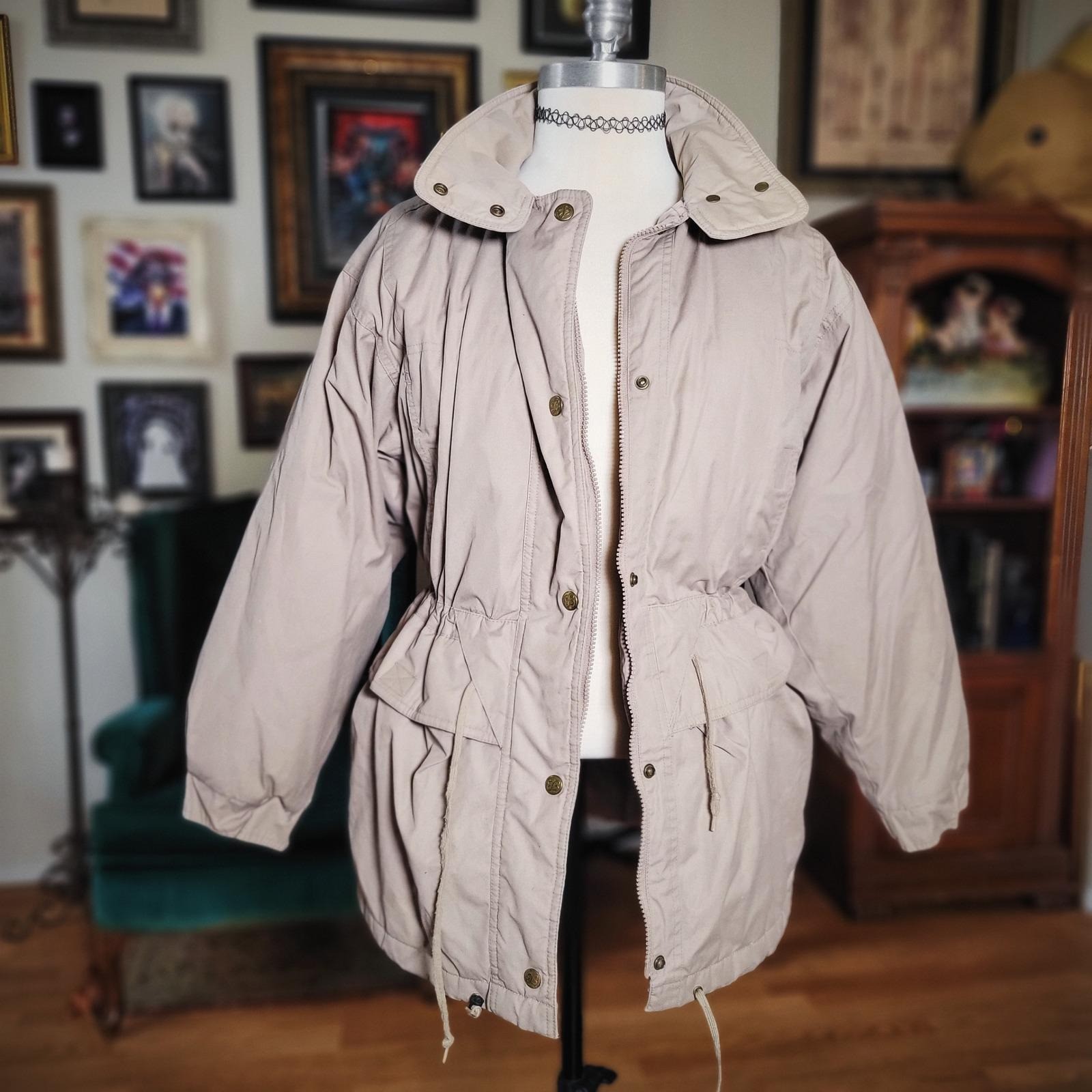 Eddie Bauer Jacket Goose Down Vintage 80s Tan Cinched Waist Parka Coat Womens M