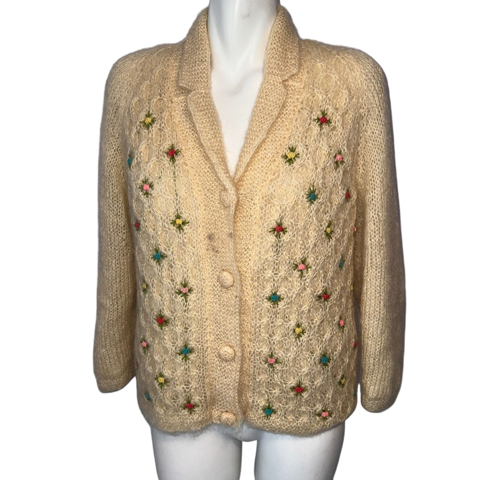 Vintage 1960s Cyn Les Cardigan Mohair Wool Cream Rose Knit Sweater Coquette S/M