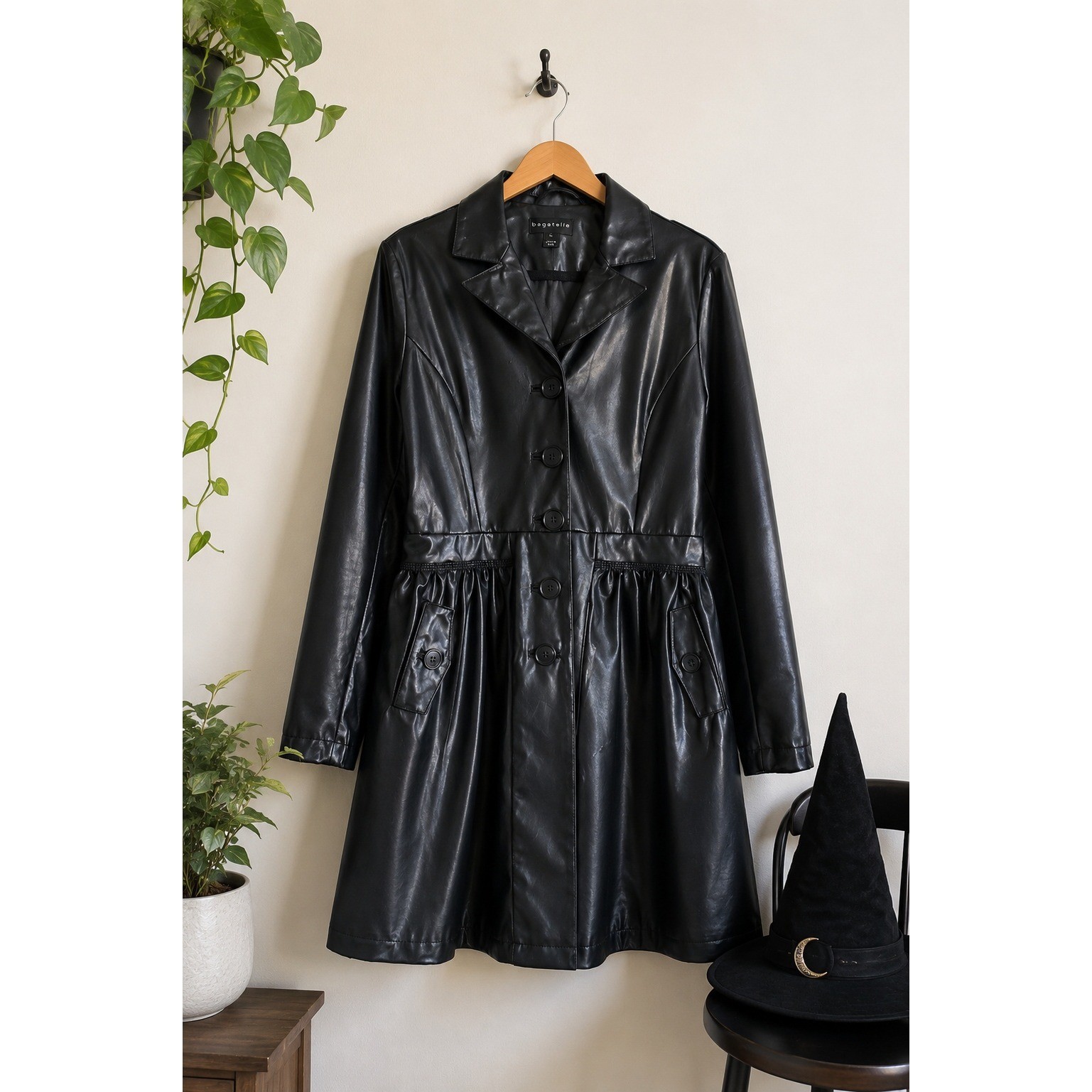 Bagatelle Black Trench Coat Sz L Satin Lined Goth Witchy Flare Jacket Whimsigoth