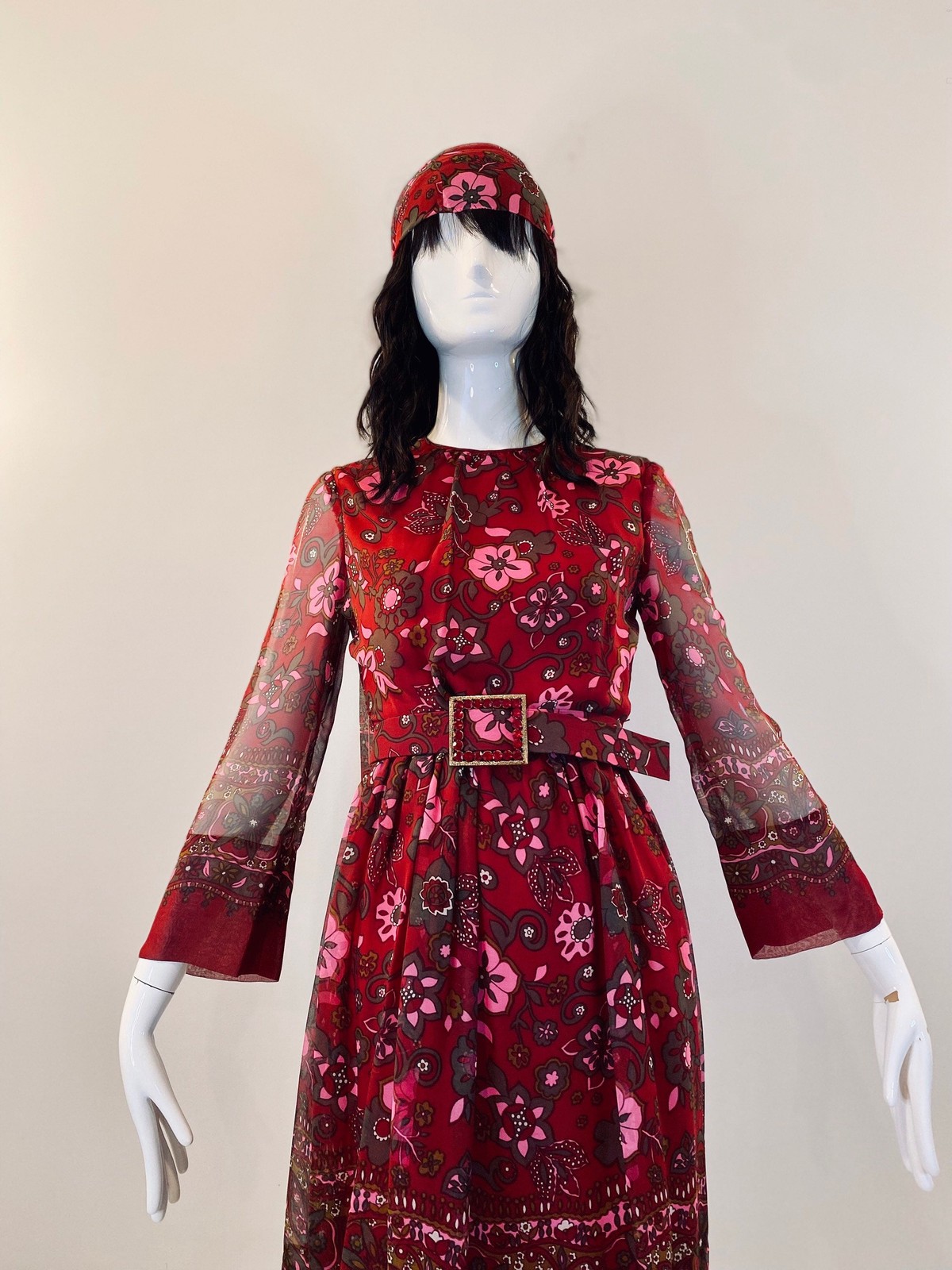 60s Adele Simpson Silk Flower Power Chiffon Dress with Belts and Sash Ensemble