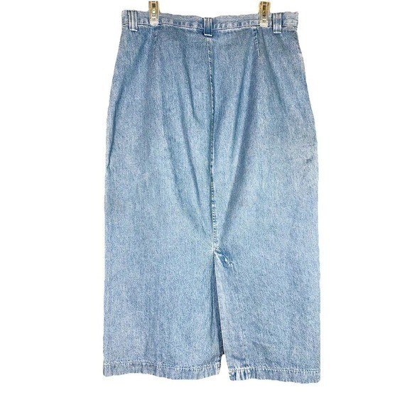 VTG Riders by Lee 16 Flat Front Blue Denim Midi Calf Skirt Back Slit Pockets Zip