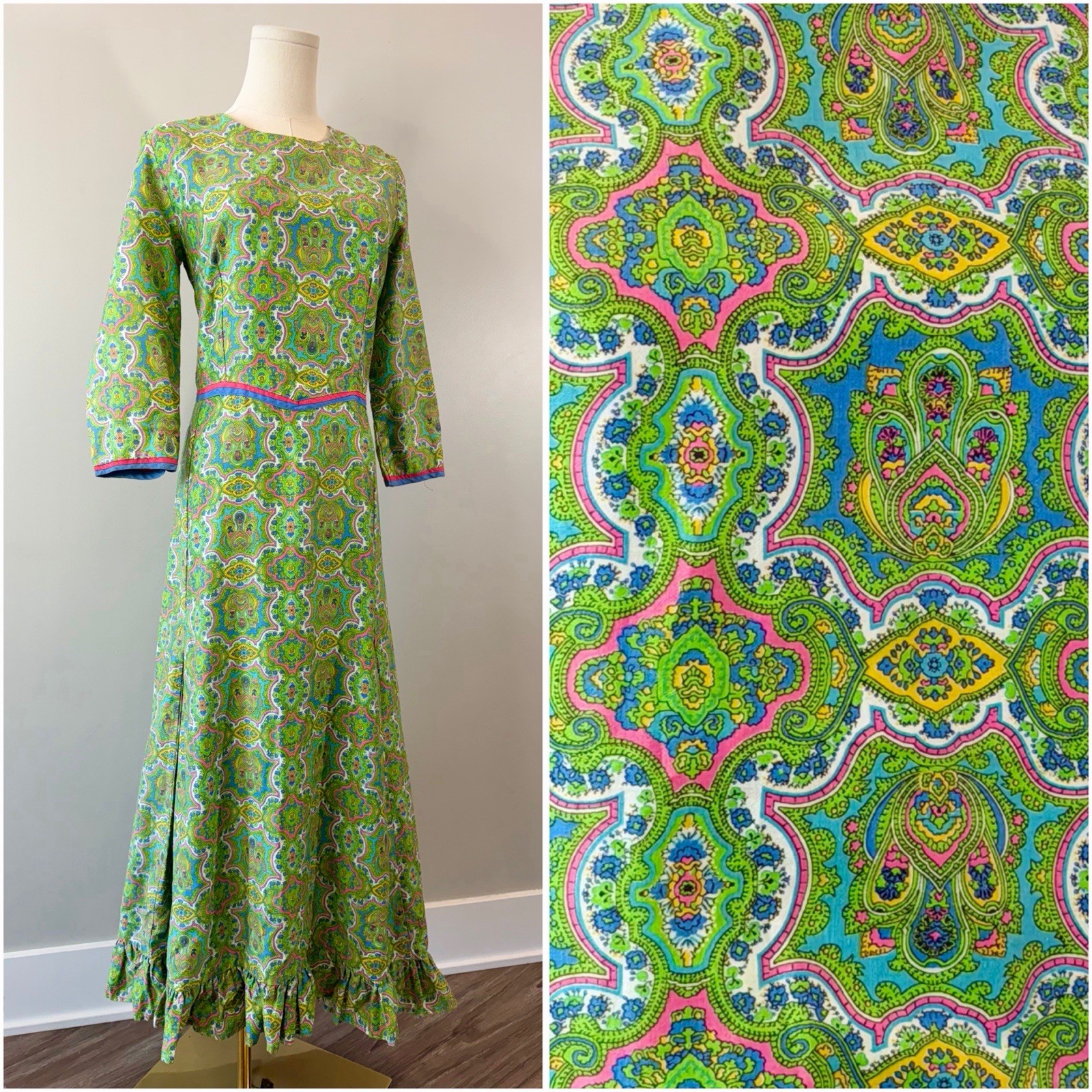Vintage 1970s Maxi Dress Paisley Psychedelic Boho Hippie Cotton Retro 70s Medium