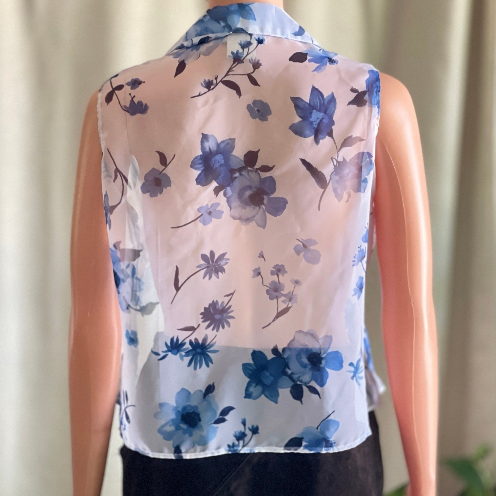 Vtg 90s Blue Floral Sheer Chiffon Sleeveless Blouse Top Soft Girl Coquette L