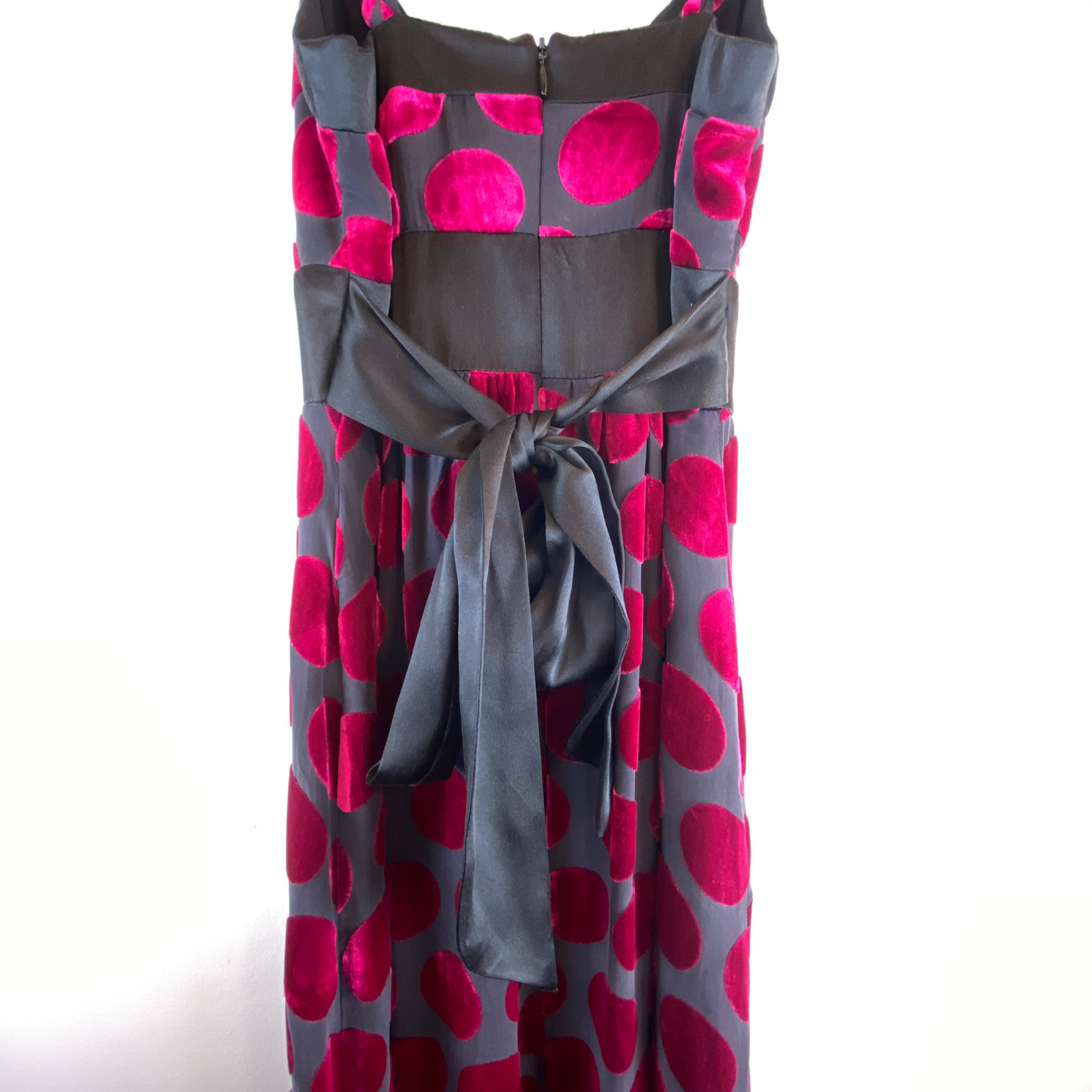 Voom Joy Han 90s Y2K Silk Velvet Polka Dot Maxi Dress XS Pink Fuchsia Black Goth