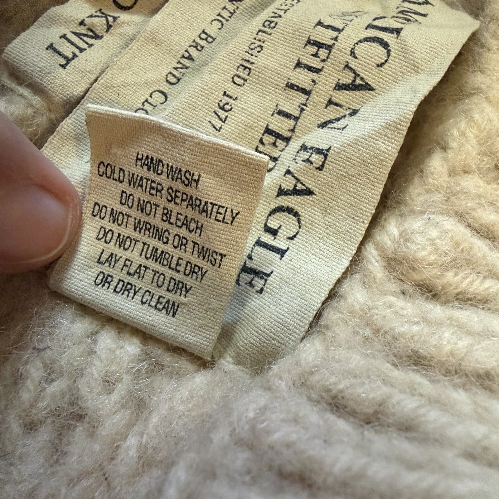 VTG American Eagle Beige 100% Wool Cable Knit Fisherman Sweater Handknit Size M