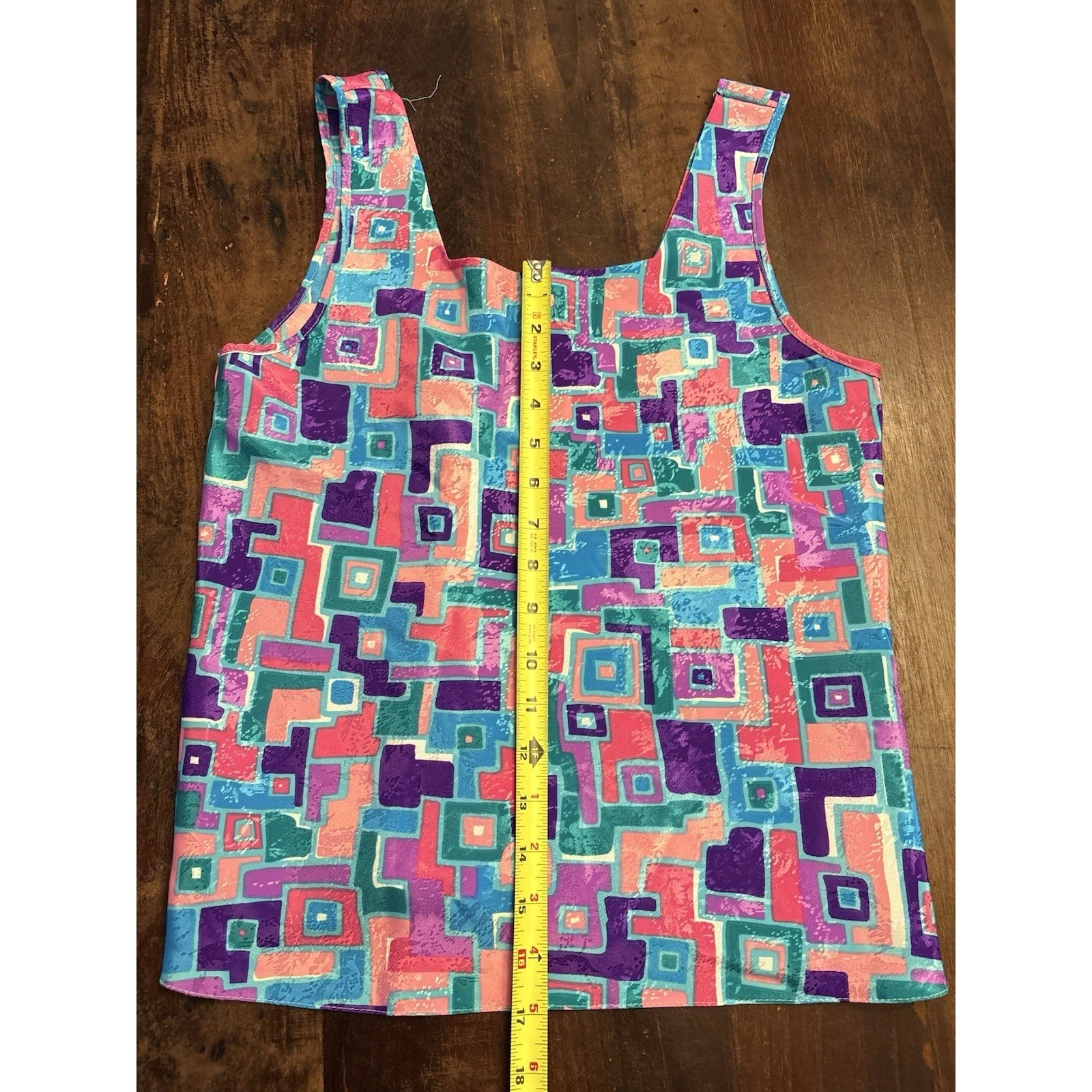 Vintage Geometric Abstract Print Tank Top Pink Purple Teal Sleeveless Shell