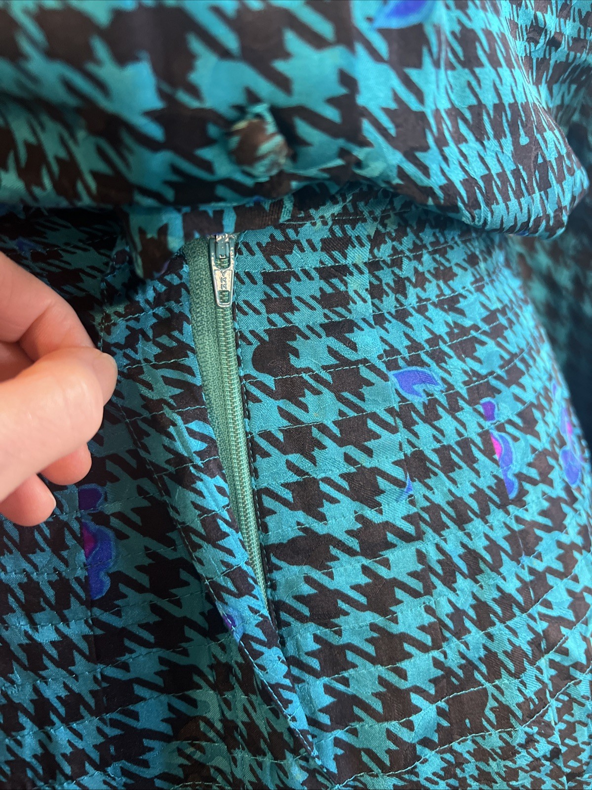 Adrianna Papell 100% Silk Size 8 Dress Pleated Teal HoundsTooth VTG 80s