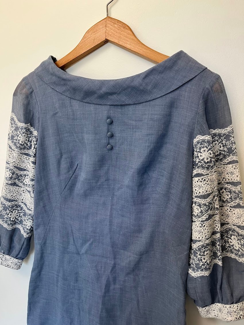 Vintage Jonathan Logan Blue Prairie Mini Dress Lace Boho Cottagecore XS/S