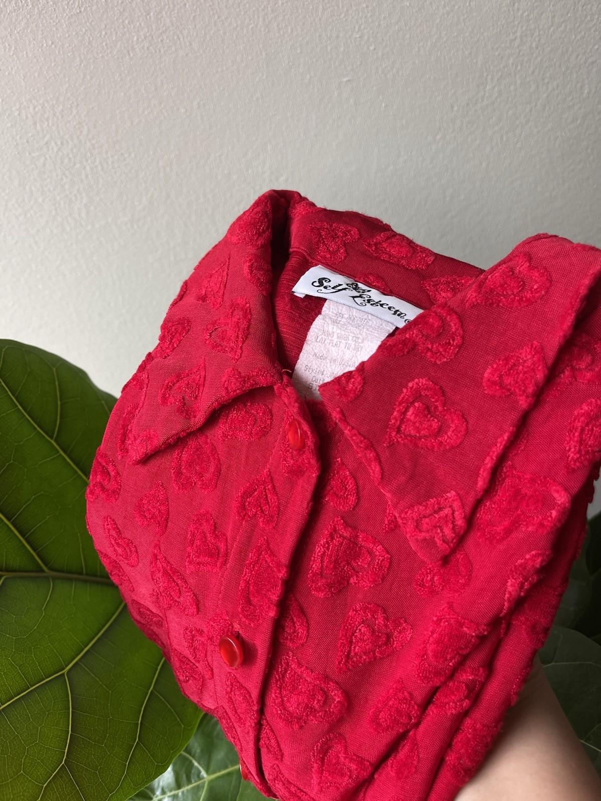 Vintage 90s Self Esteem Heart Print Button Shirt Size Large Valentines Day Y2K