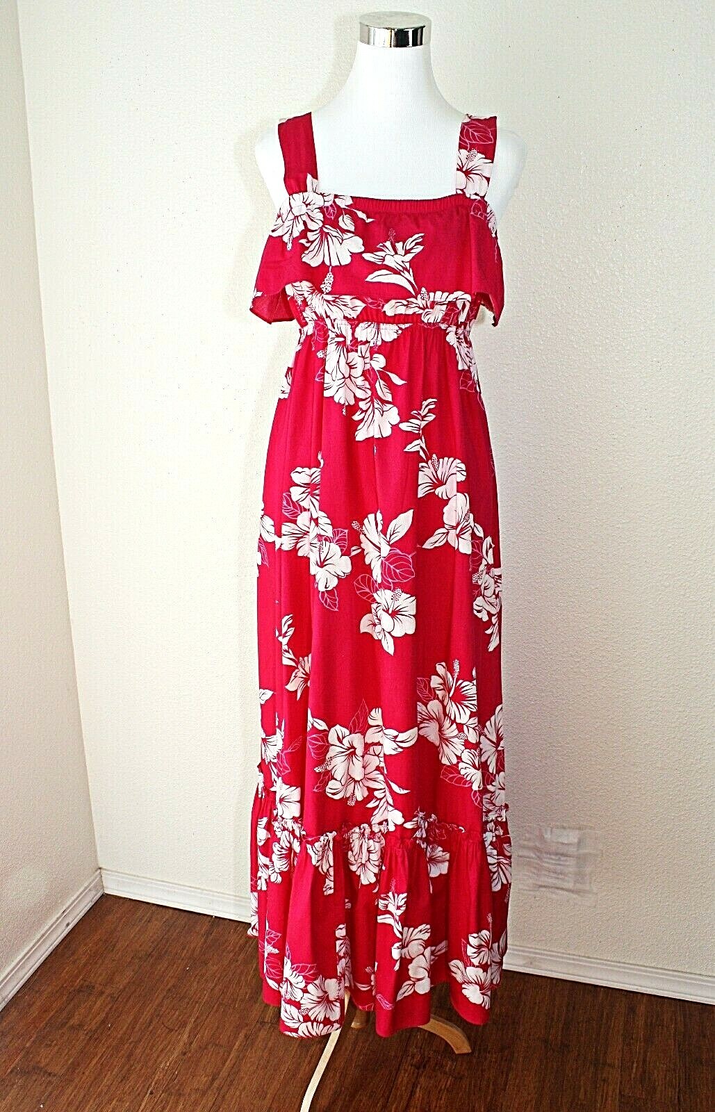 VTG HILO HATTIE Hawaiian Maxi Dress Sz. L Pink White Tropical Floral Sundress 04