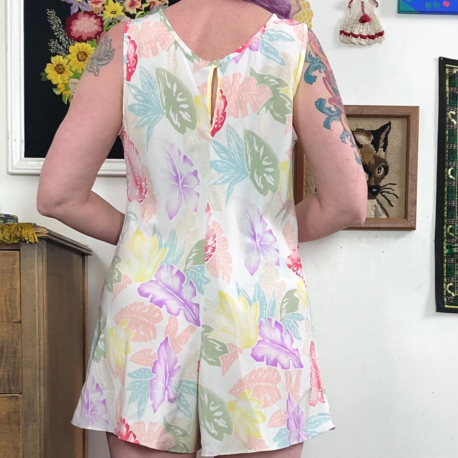 Vintage Floral Lingerie Romper, Sz M Pastel Tropical Print Step In Teddy