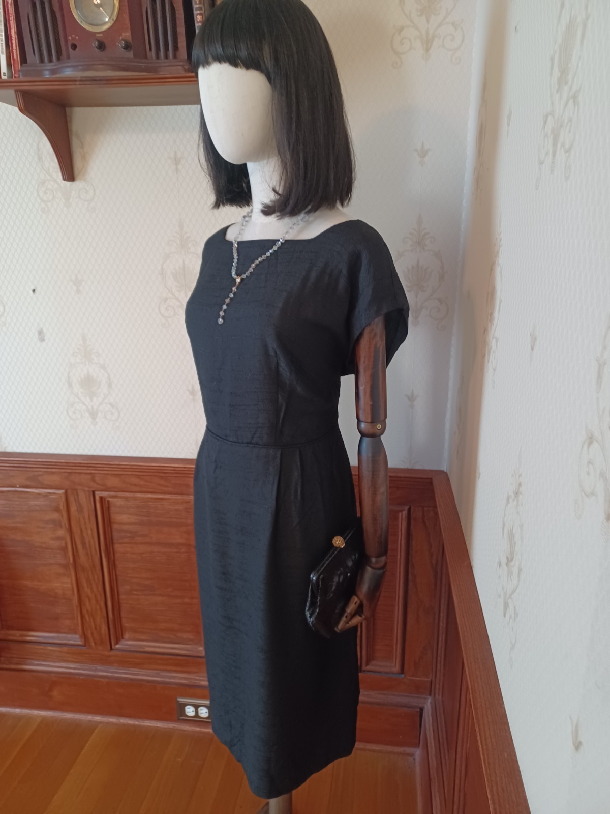 Vintage Mid-century Slubbed Black Cotton Little Black Cocktail Dress, size XL