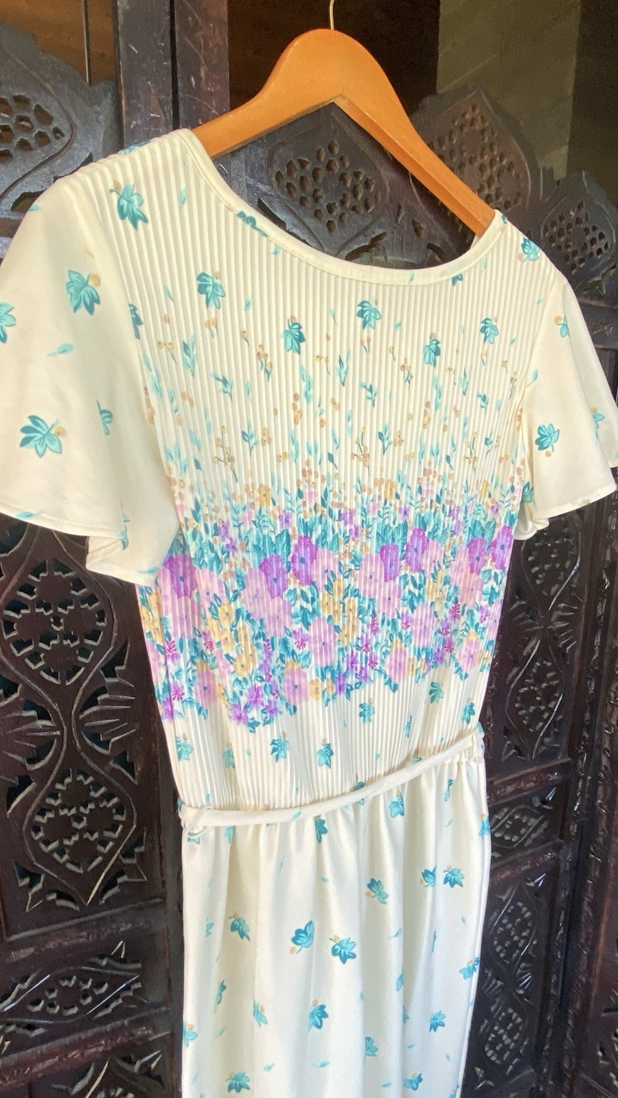 VTG Handmade Floral Leaf Pleated Dress Womens S/M Pastel Cottagecore Prairie S/S