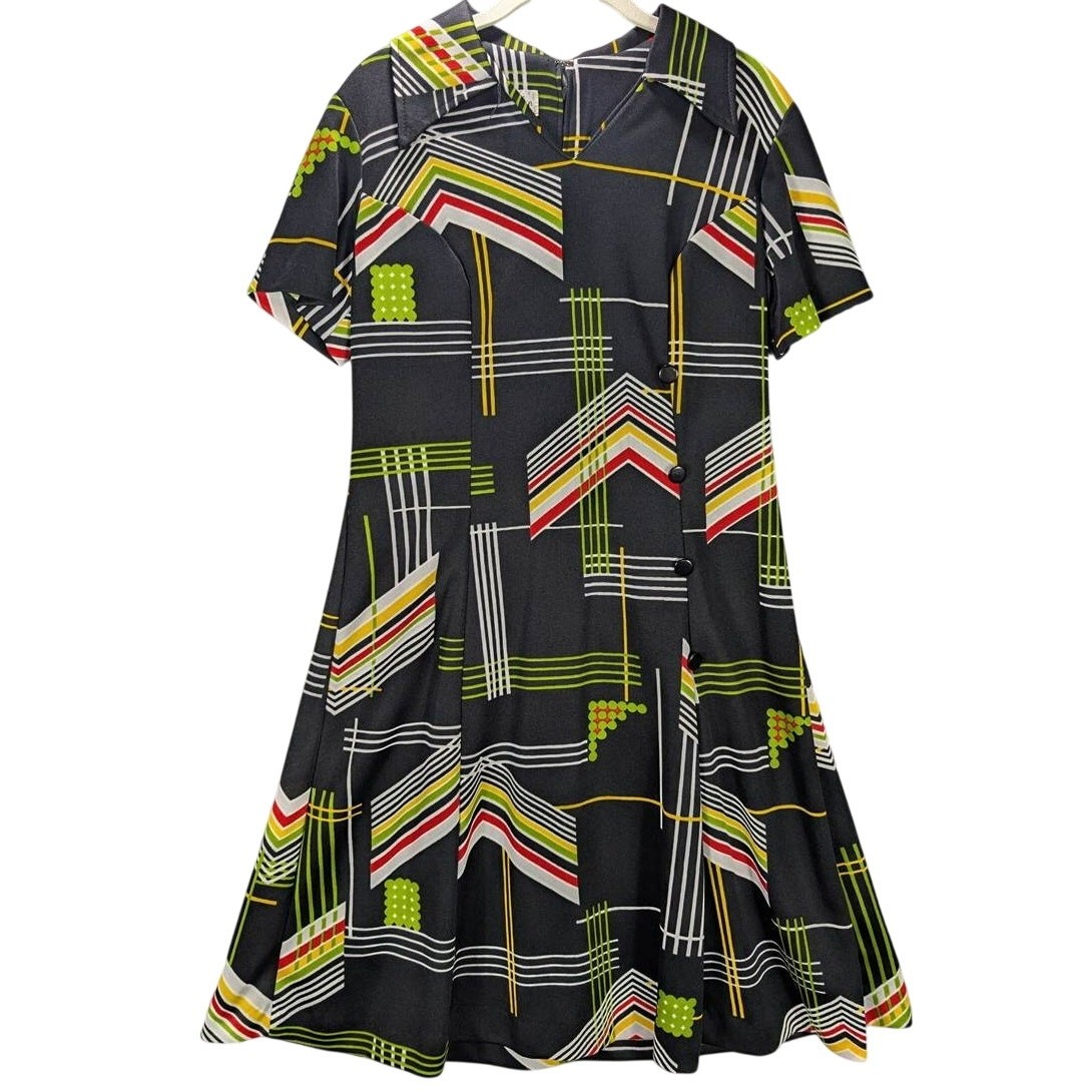 Vtg Cedar Glen Dress Womens 14 1/2 Black Geometric Short Sleeve Knee Length Zip