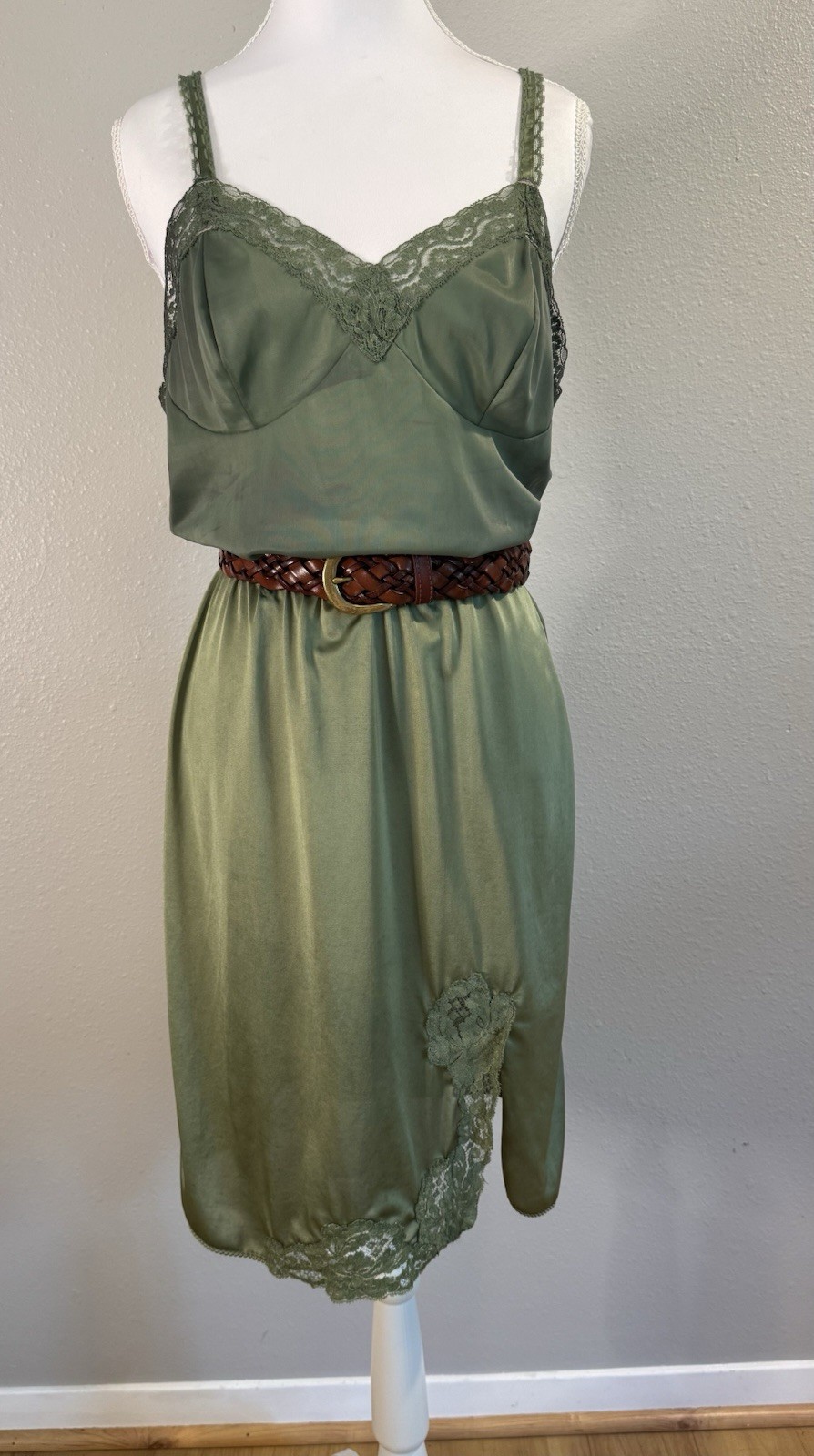 Vintage 70s Forest Fairy Moss Green Slip Camisole Set Grunge Whimsigoth Coord