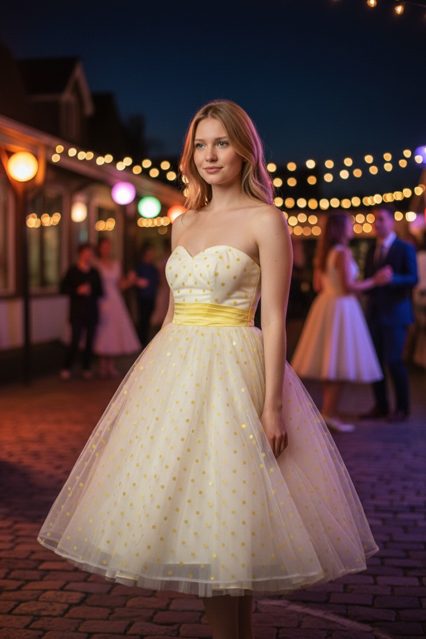 Vintage 1950s White Dress Yellow Polka Dots Tulle Chiffon Union Made