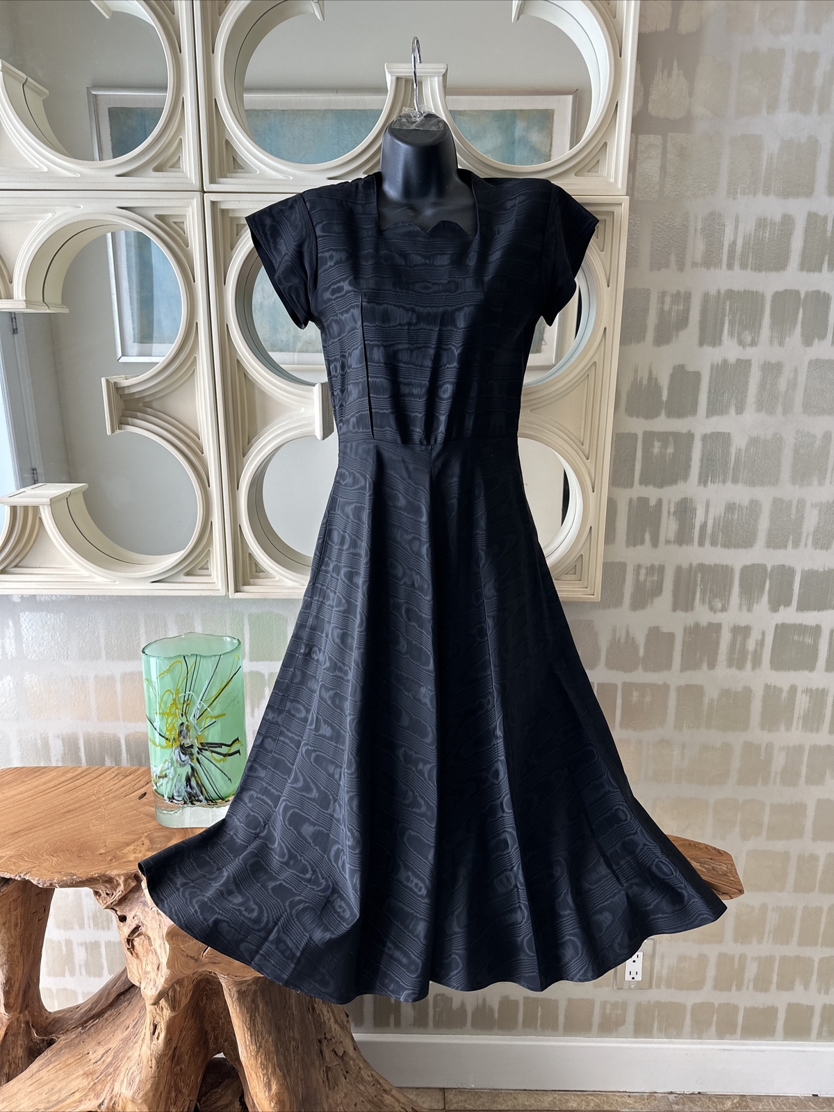 Black Silk Moire Sweetheart Neck 40s Dress From Estate Sale Of Matthew Weiner XS