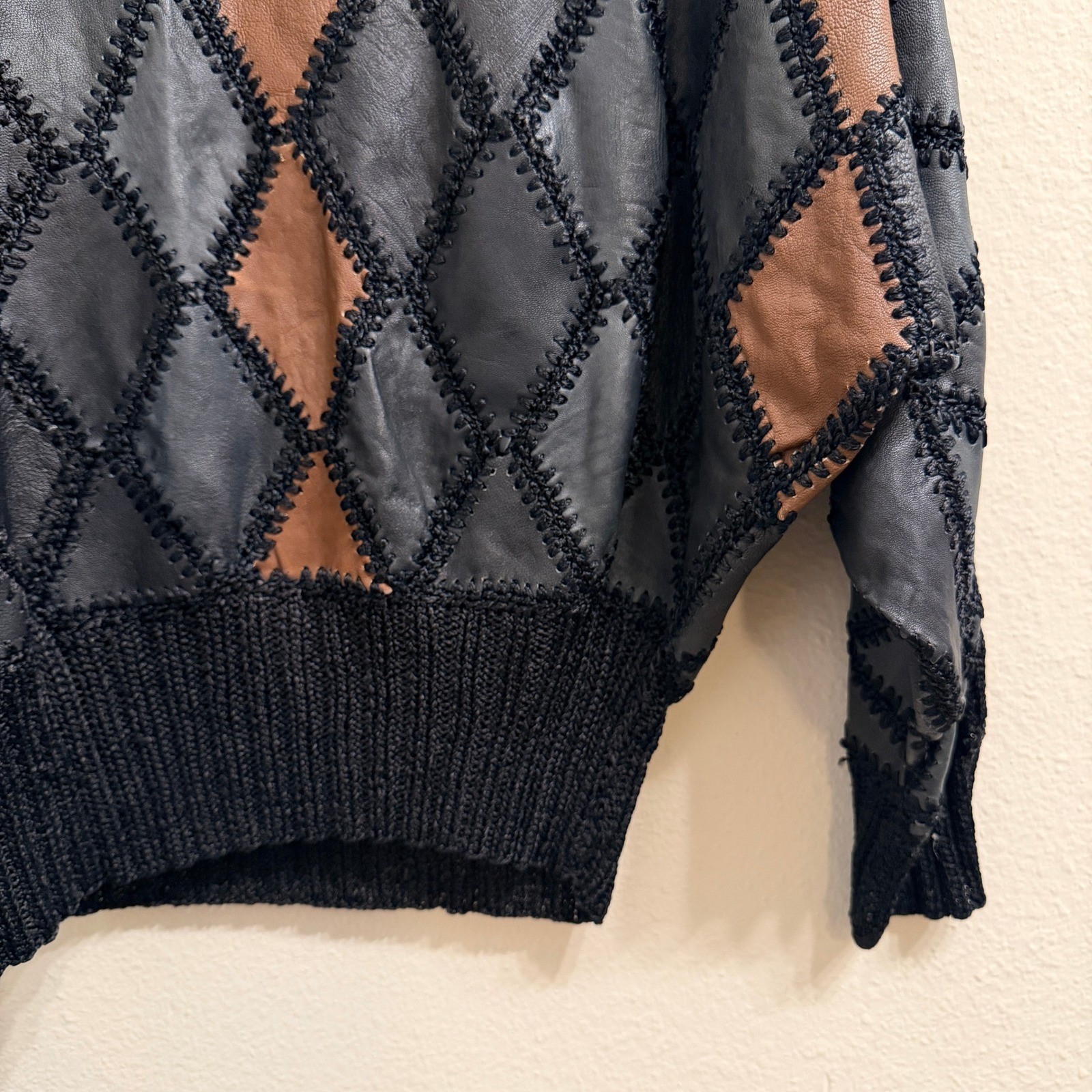 Vintage Leather Patchwork Sweater Diamond Knit Oversized Vintage Eclectic 80s