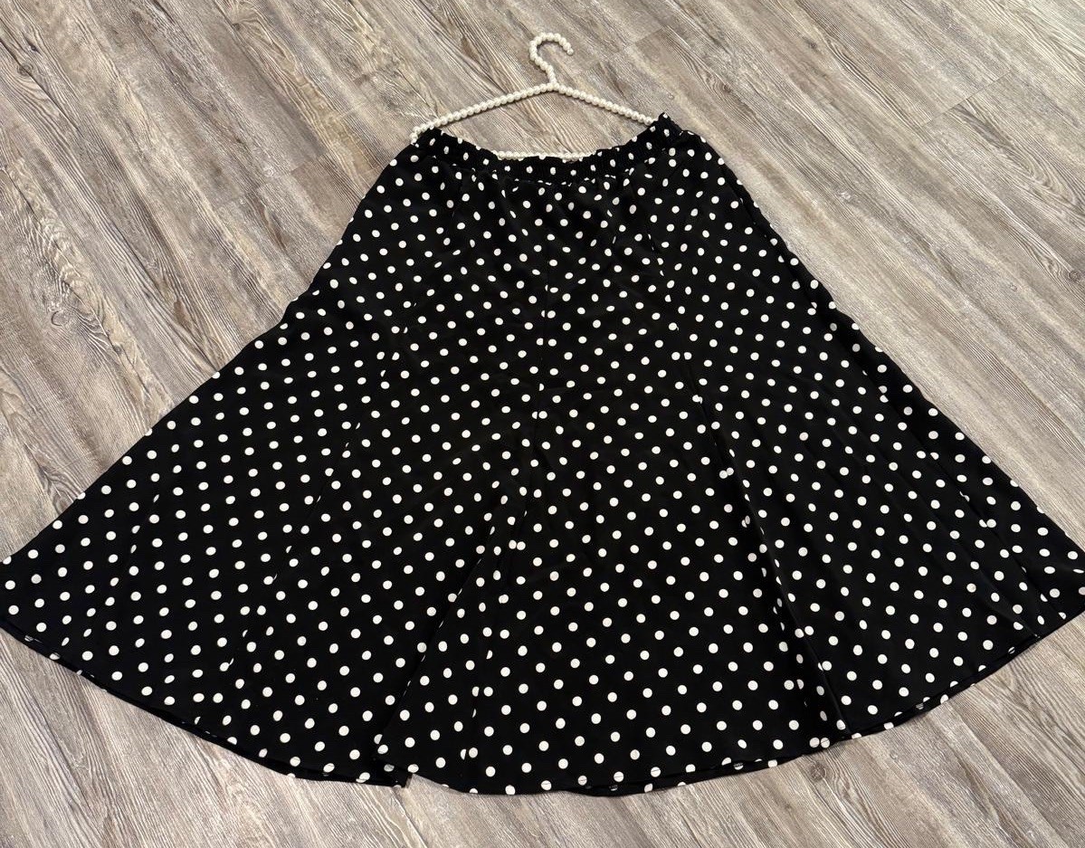VTG Tan Jay Women’s Black & White Polka Dots Elastic Waist Midi Flowy Skirt 14
