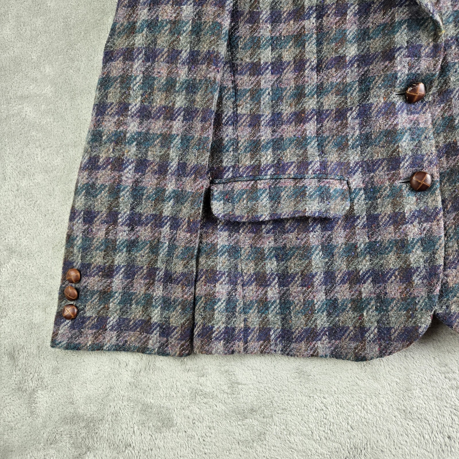Vintage Laura Caspari Jacket Women Gray Purple Green Houndstooth 100% Welsh Wool