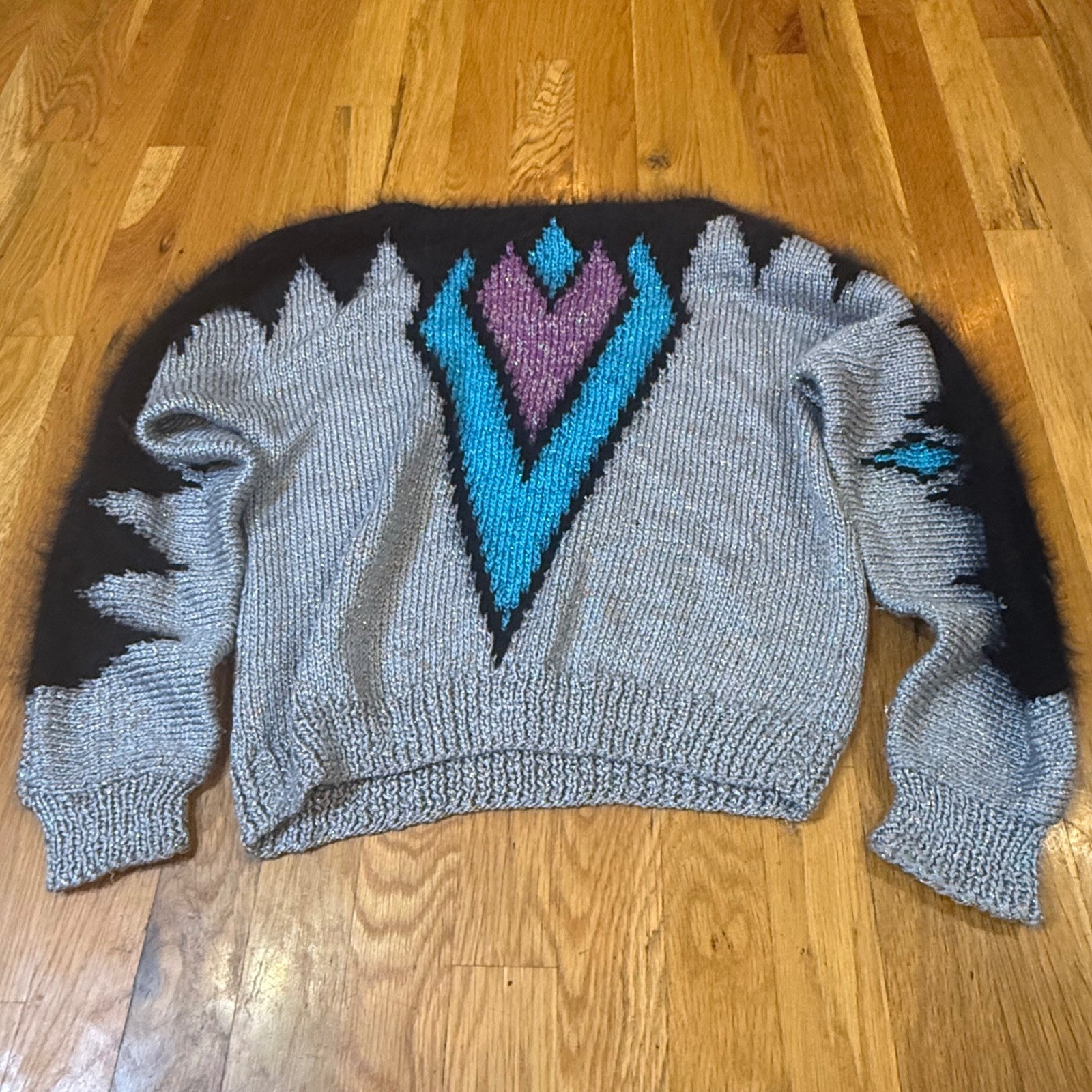 Louise Prior Vintage 80s Hand Knit Mohair Metallic Geometric Sweater Silver L