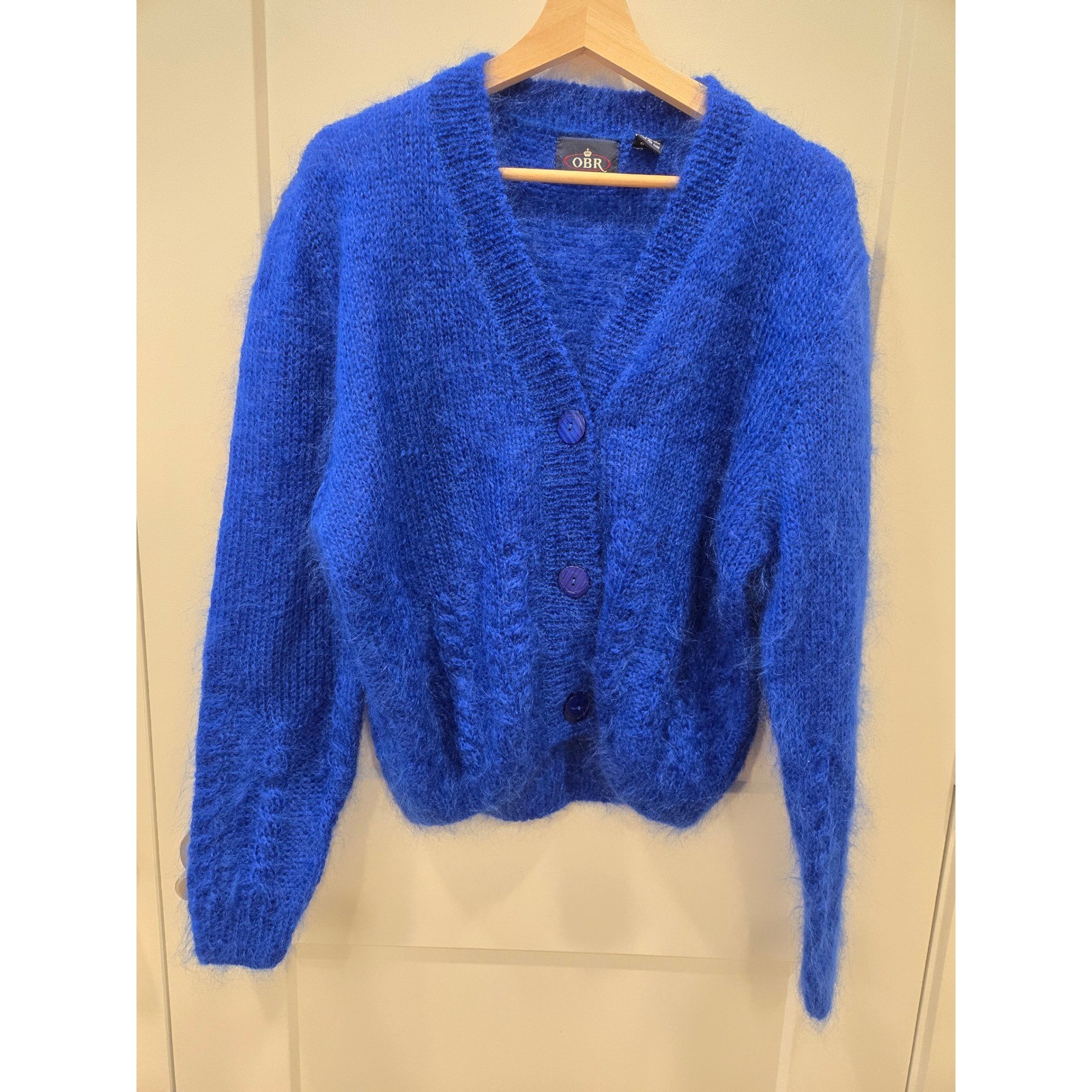 OBR Vintage Royal Blue Mohair Wool Blend V-Neck Fuzzy Cardigan Sweater Large