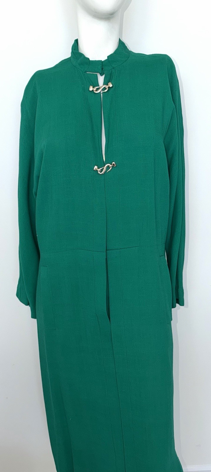 VTG 80s Pauline Trigere Bergdorf Goodman Emerald Green Maxi Textured Shirt Dress
