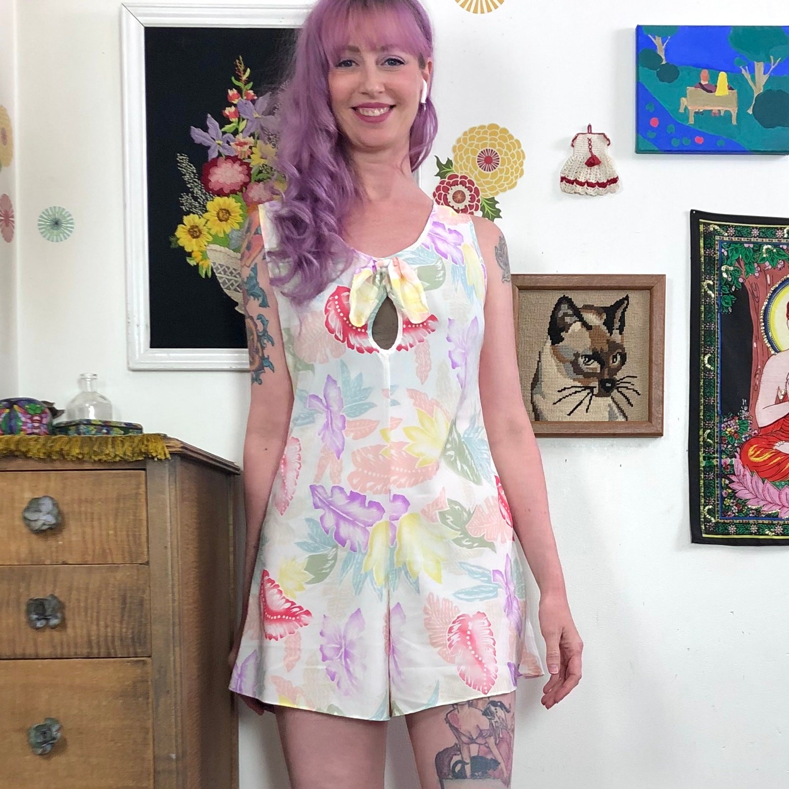 Vintage Floral Lingerie Romper, Sz M Pastel Tropical Print Step In Teddy