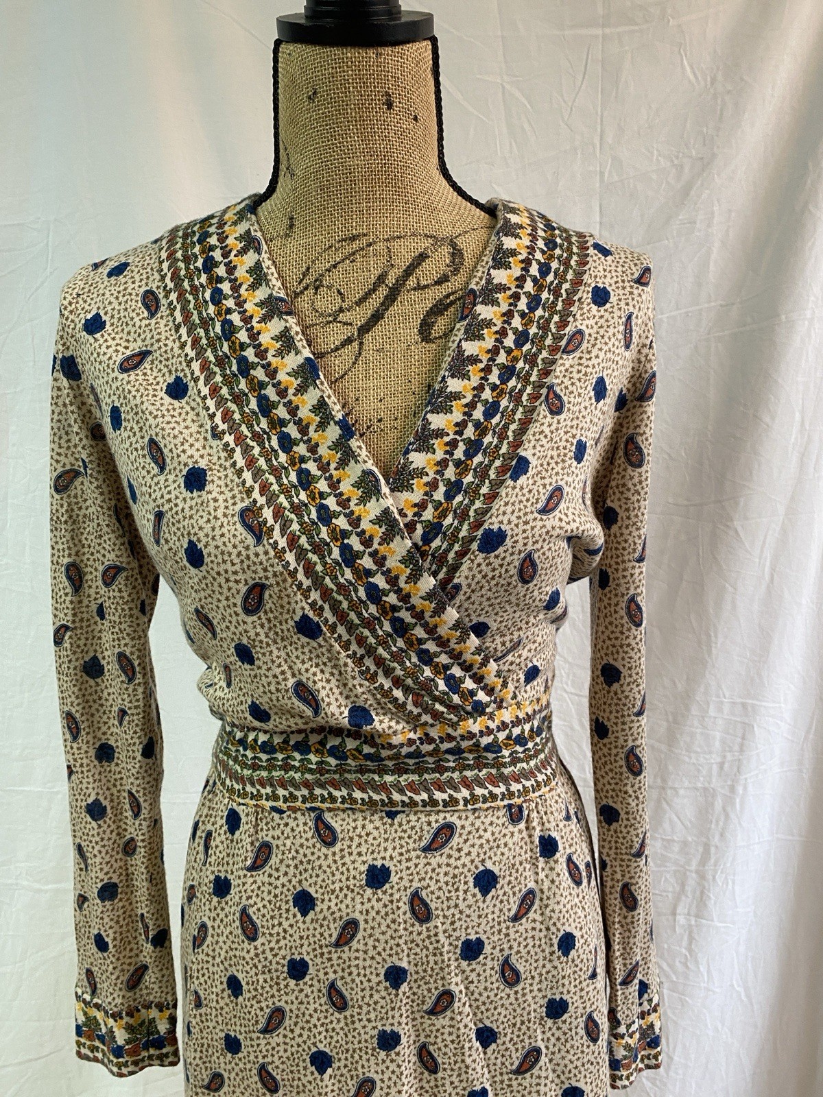 Vintage 70s Midge Grant Career Dress Wrap Bodice Inset Waist Paisley Modern 4