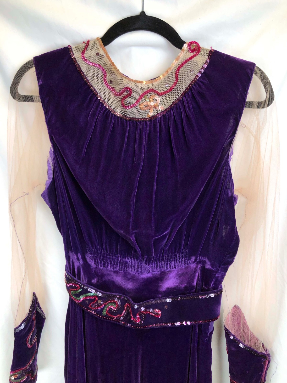 1910’s 1920’s 1930’s Purple Velvet Midi Dress with Sequins, Mesh Sleeves