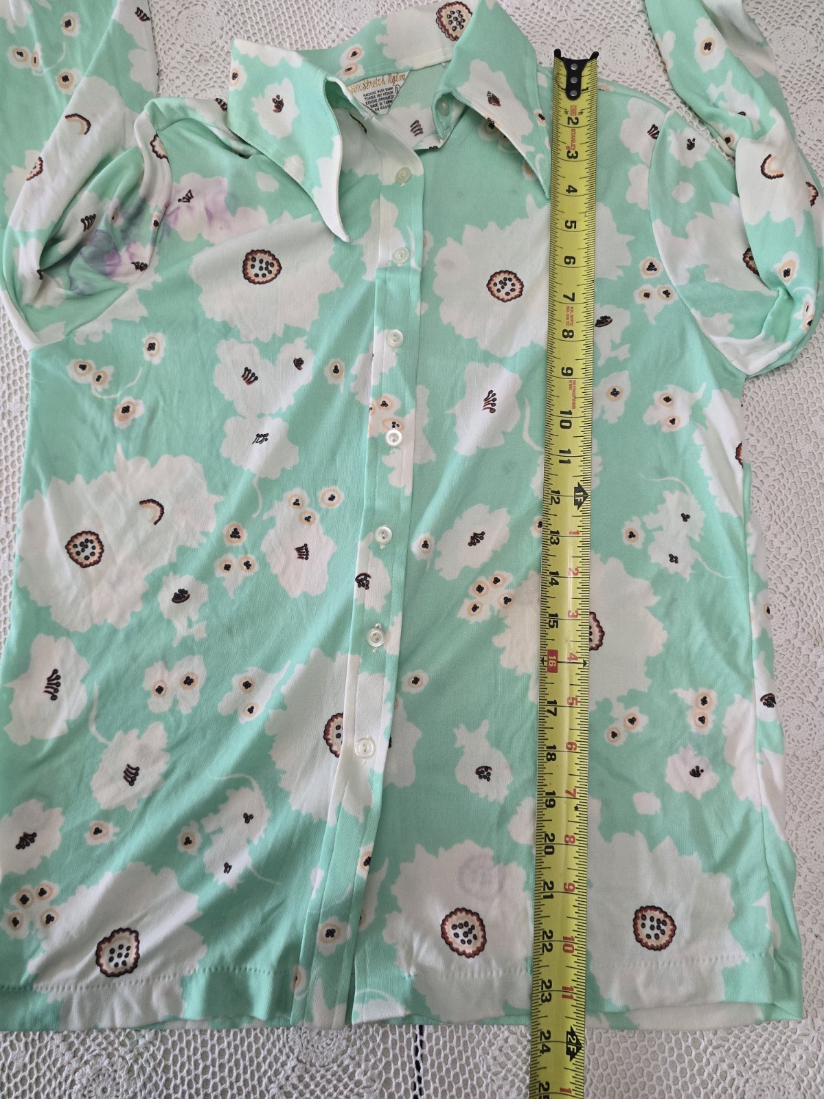 70s Mint Green Floral Disco Shirt Dagger Collar Fits Modern XS/S (Tagged L)