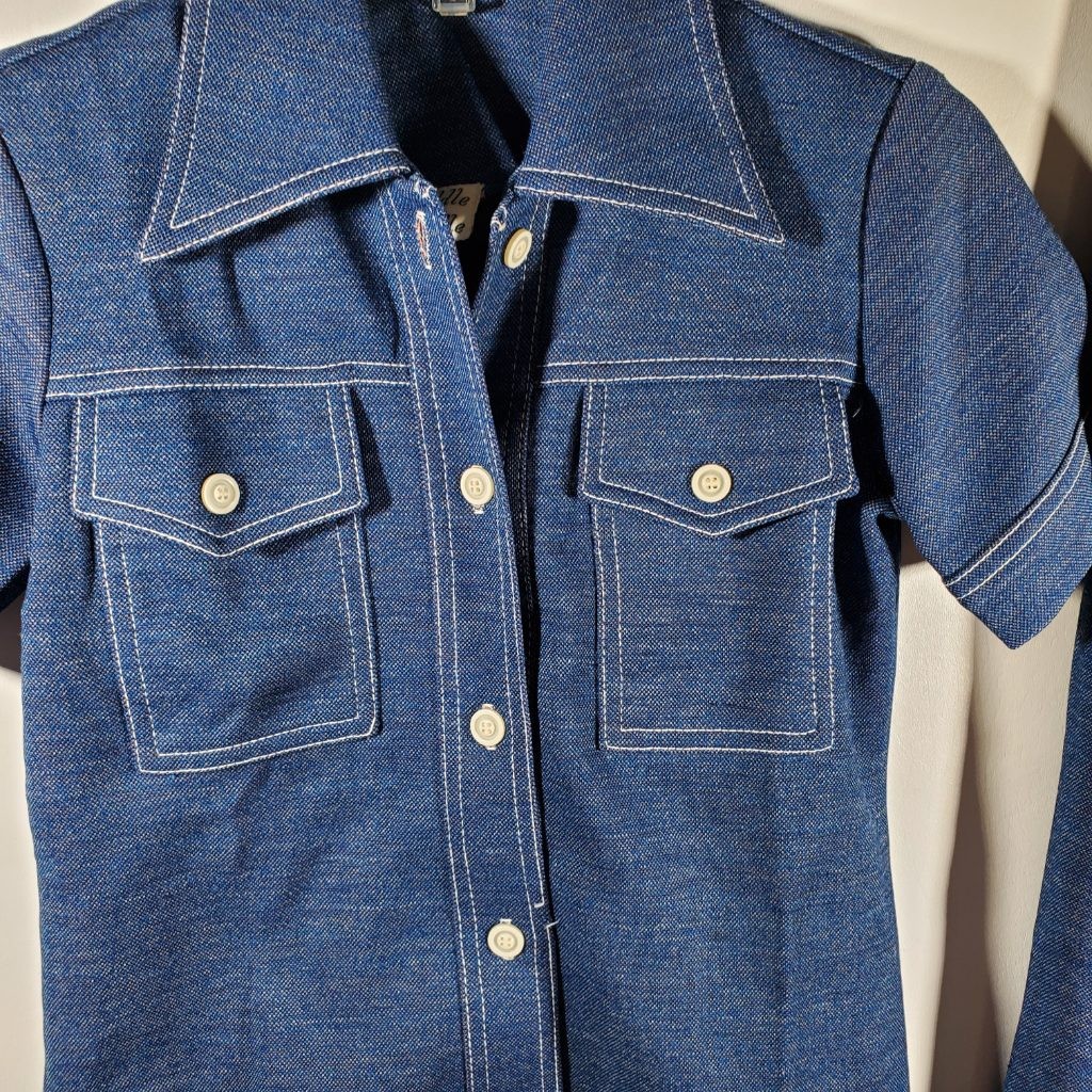 Vintage 70s Paddle & Saddle Denim Look Pant Suit Set Flare Leg Shirt Blue Sz S