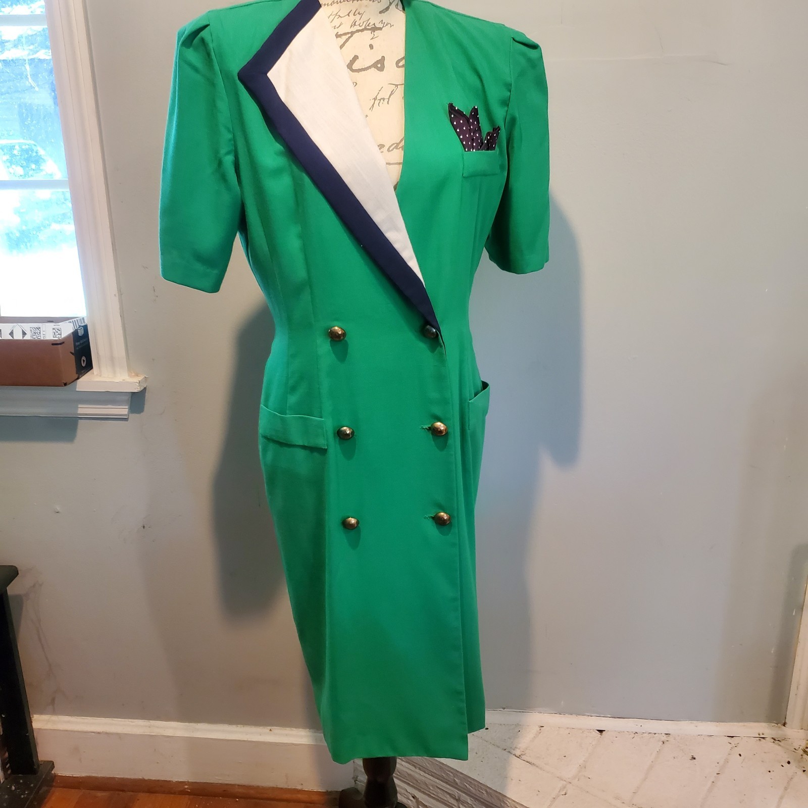 Vintage 80s Danny & Nicole Asymmetric Tuxedo Blazer Dress Green Midi Sz8