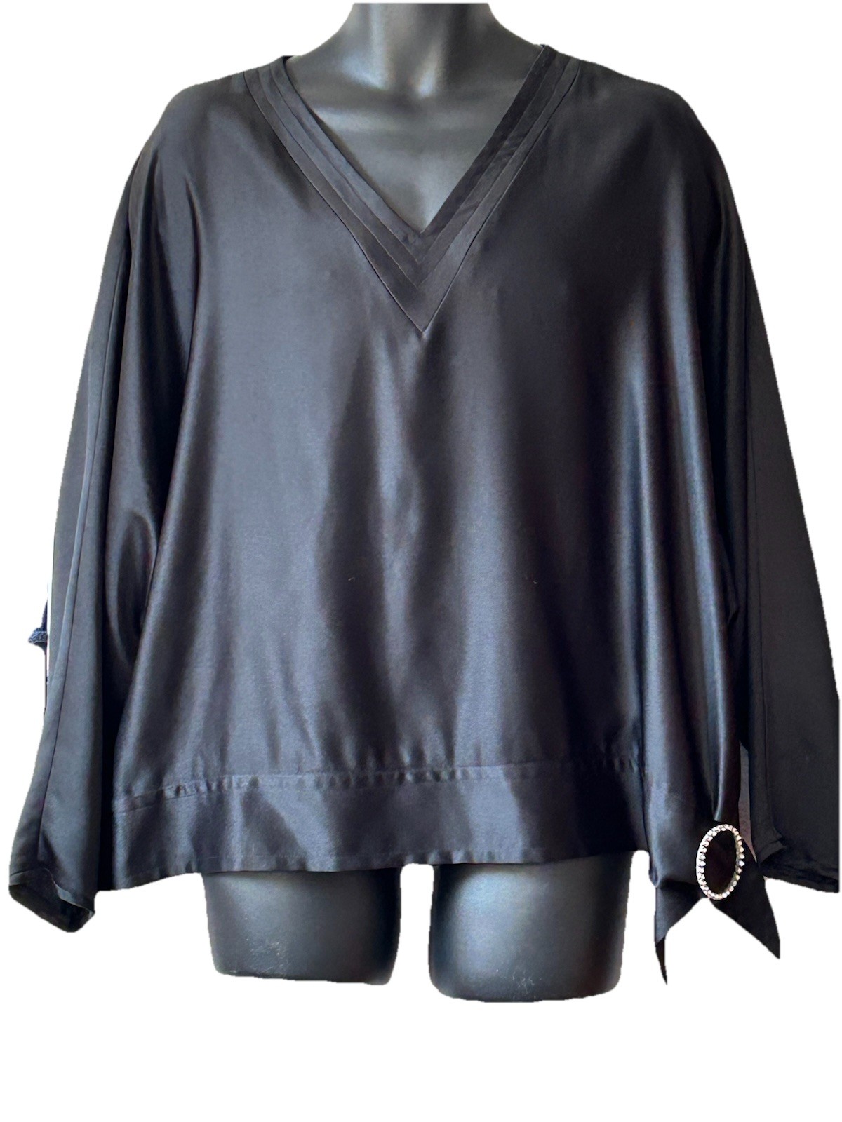VTG 80’s Givenchy En Plus Black Satin Bat Wing Sleeve Blouse W/ Rhinestone 18