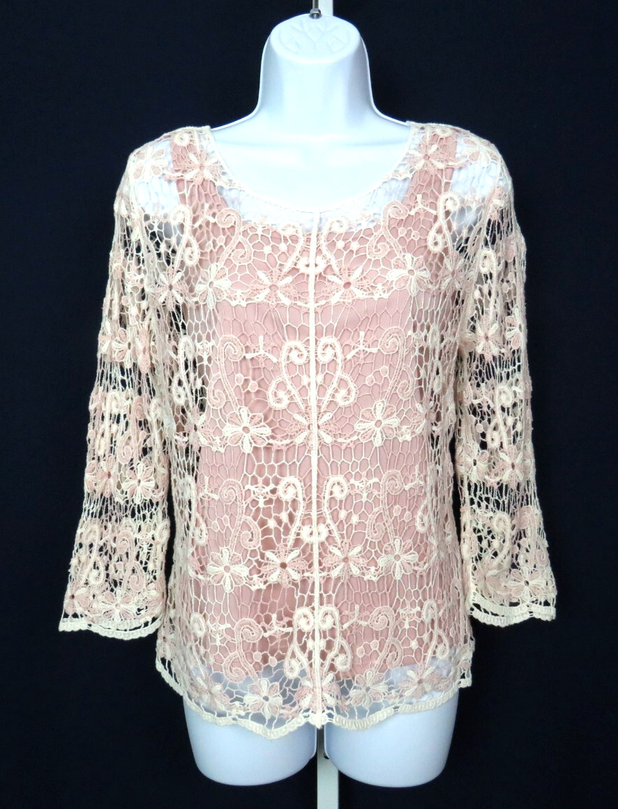 VTG 1980s 90s OSCAR DE LA RENTA ACTIVE FLORAL CROCHETED LACE TOP CREAM MAUVE
