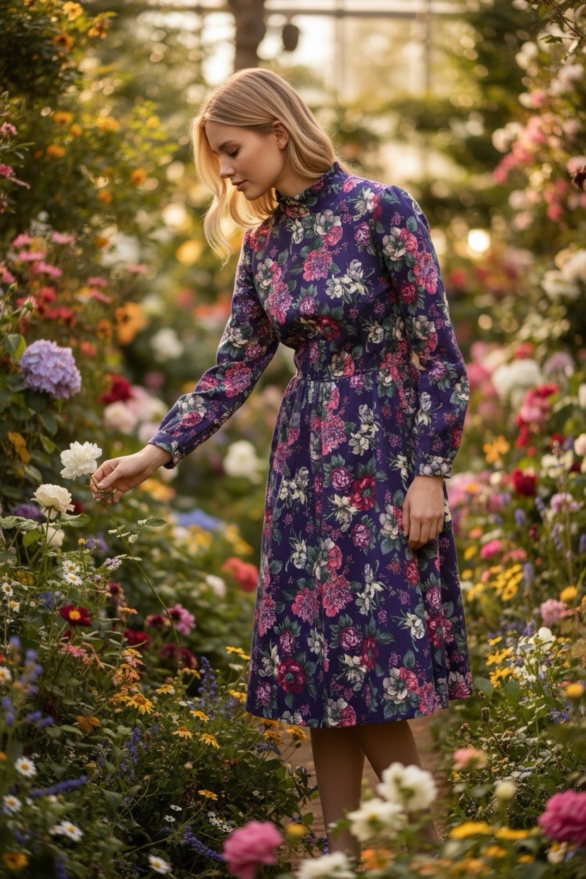 Vintage Stuart Alam Petites 12 Purple Floral All Over Prints Long Sleeve Dress
