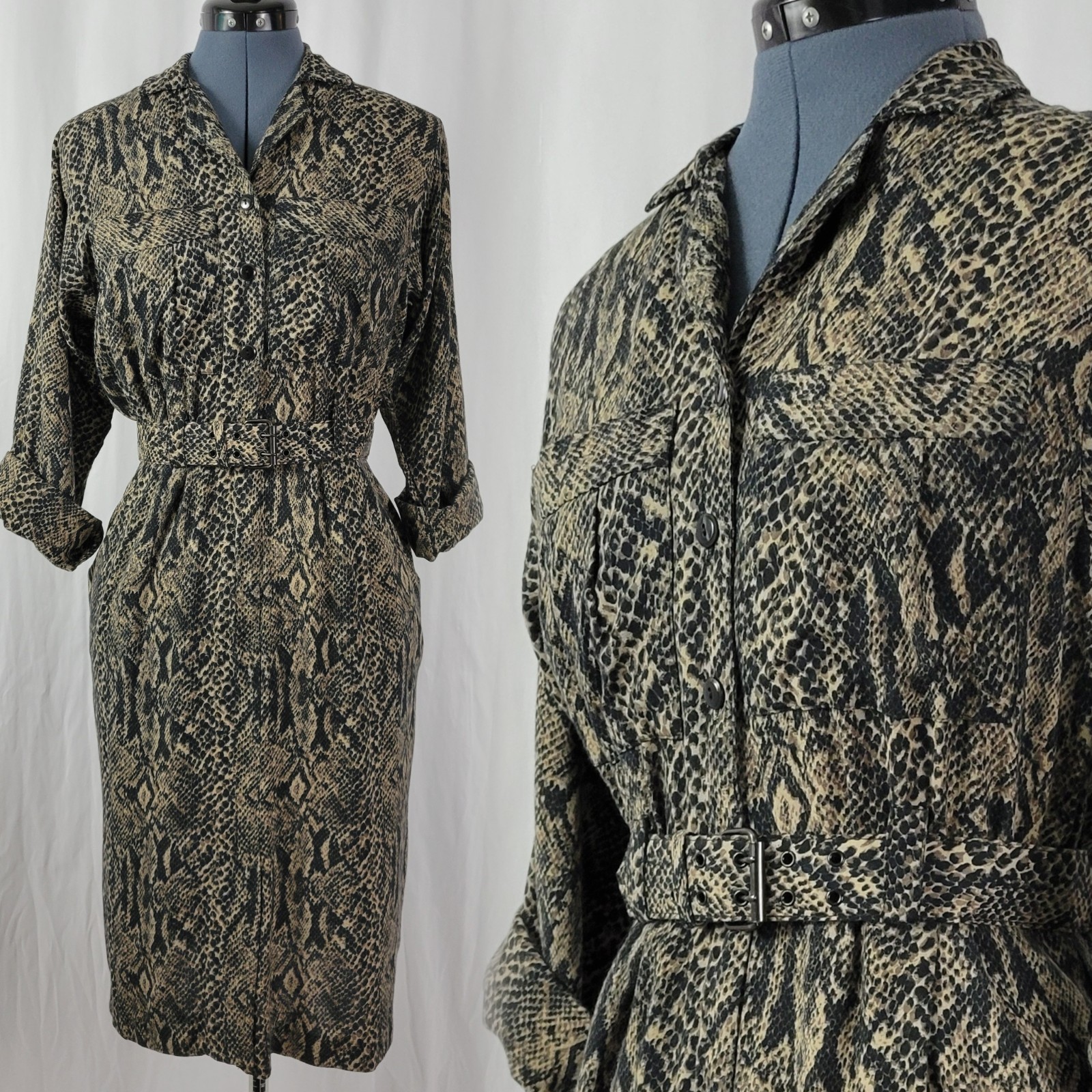 Vintage Taurus II Brown & Black Snakeskin Print Dress & Matching Belt Size 10