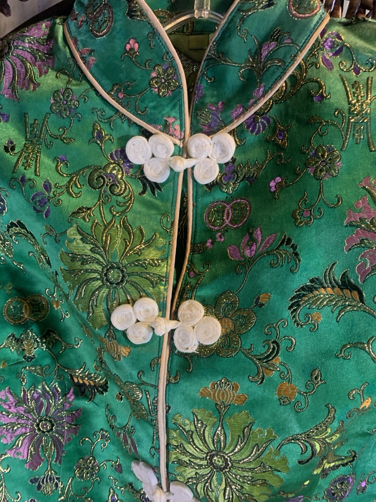 Vintage Green Silky Vest with Flower Frog Buttons
