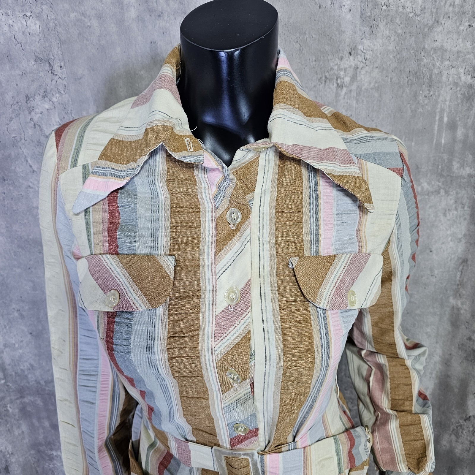 Vintage 70s Mindy Malone Striped Belted Shirt Dress ILGWU Union Made Mod USA