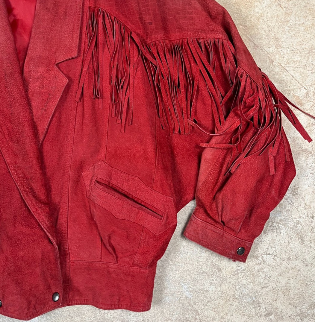 Vintage Red Learsi Western/Boho Leather Jacket with Fringe Tassels