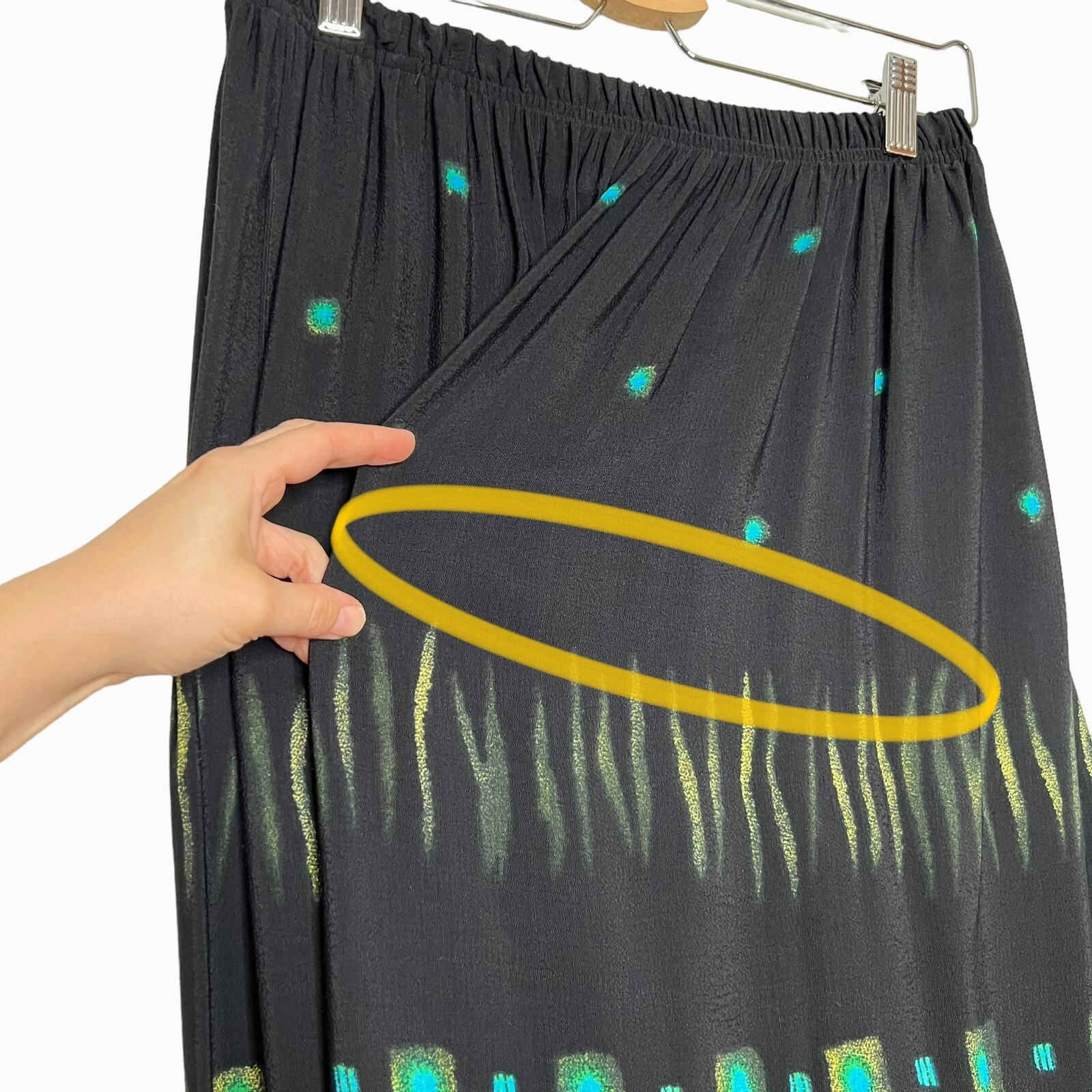 Vtg Nino Wong Rayon Black Teal & Bright Yellow Abstract Print Maxi Skirt Medium