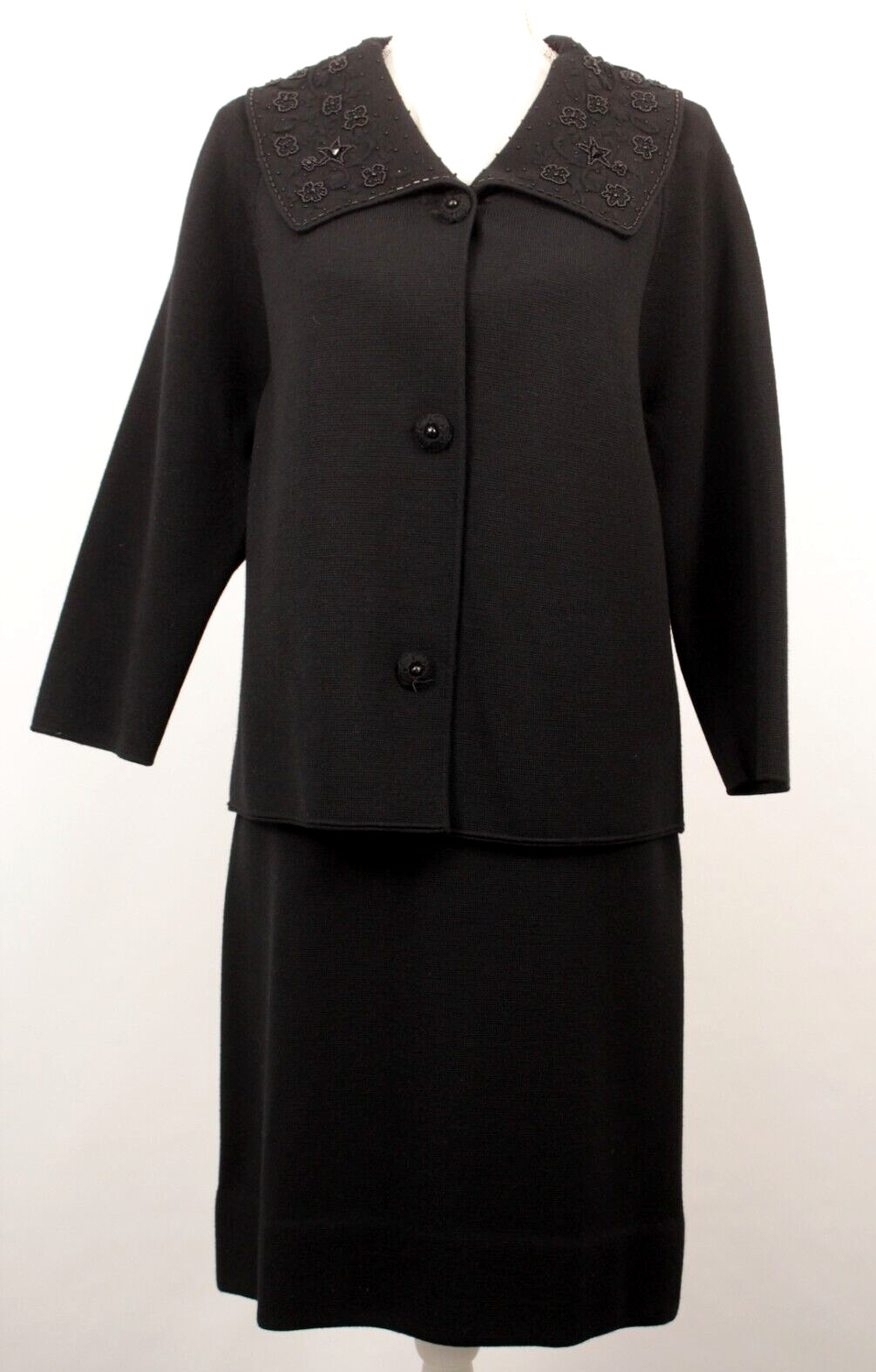 VTG Women’s 60s 2 PC Black Knit Beaded Dress Suit M/L 1960s Jacket & Skirt Set