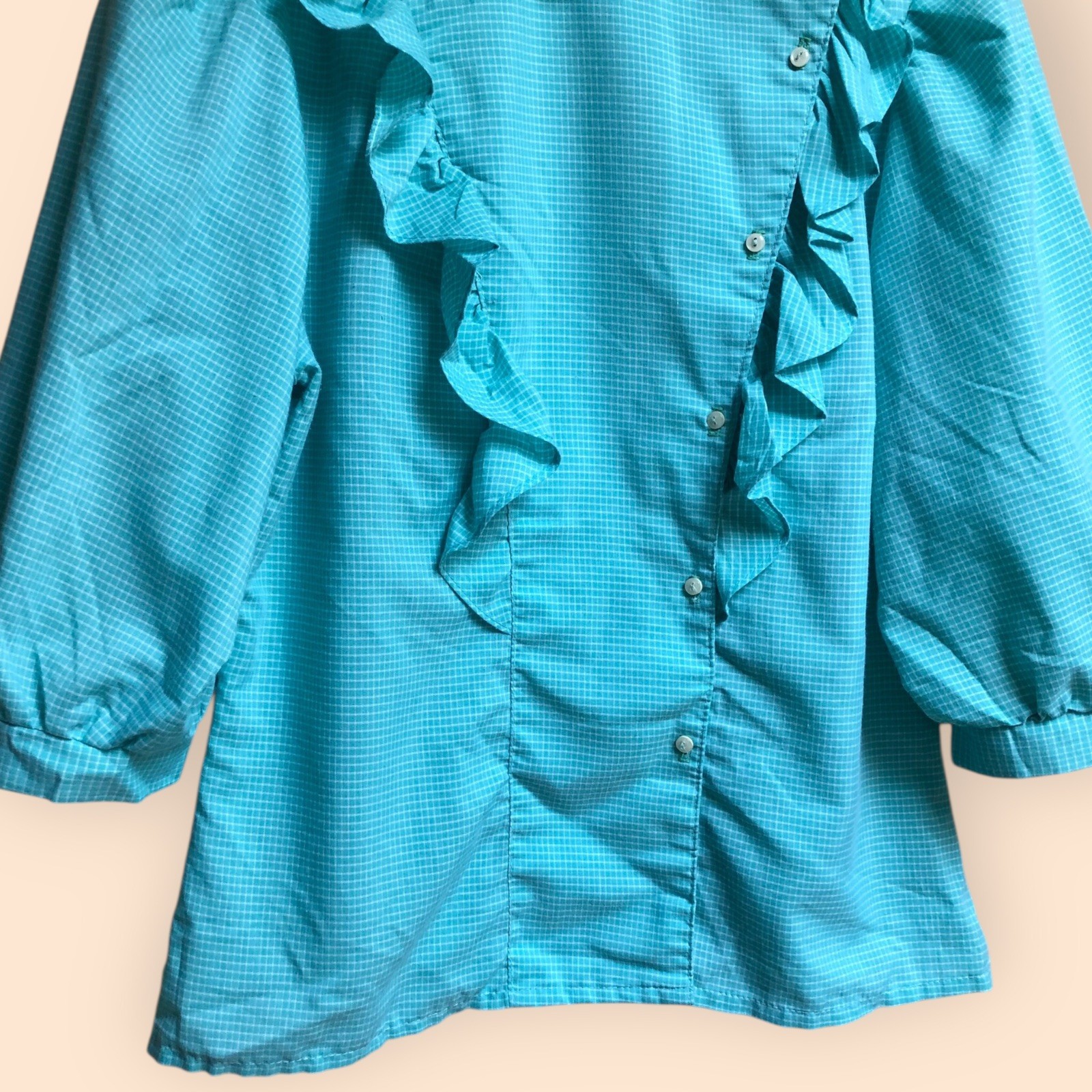 Vintage 60s/70s Byer California Retro Teal Ruffled Button Front Blouse Women’s L
