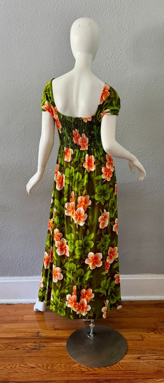 Vintage 60s Psychedelic Green Tropical HAWAIIAN Barkcloth Maxi Hippie Dress M