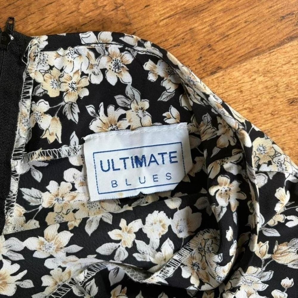 Vintage Ultimate Blues Black Floral Midi Skirt Cottagecore High Waist Womens 25
