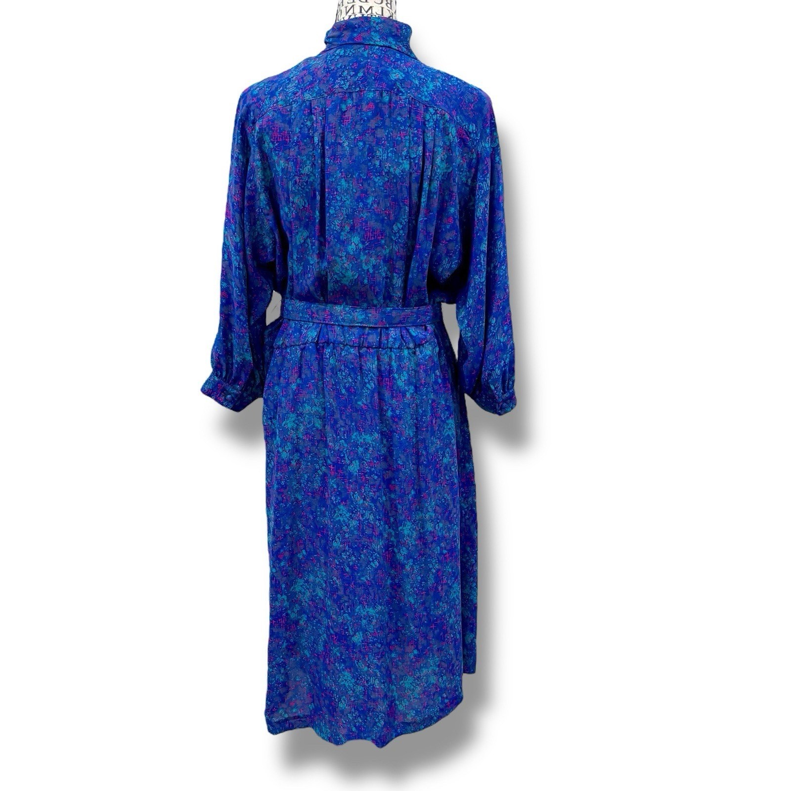 Vintage Willi Size M Blue Belted Midi Dress Brooch USA Secretary