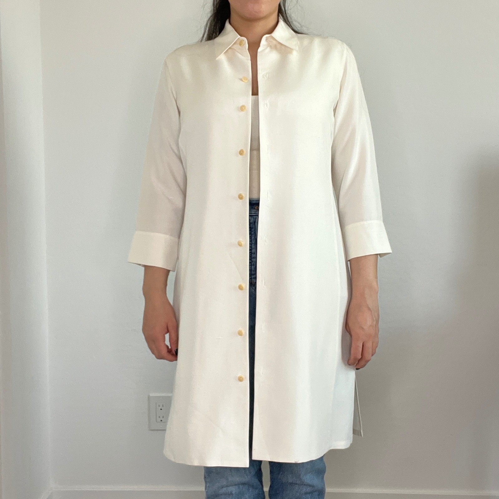 Barry Bricken Shirt Dress Women XS Cream 100% Silk Longline Button Front Vintage