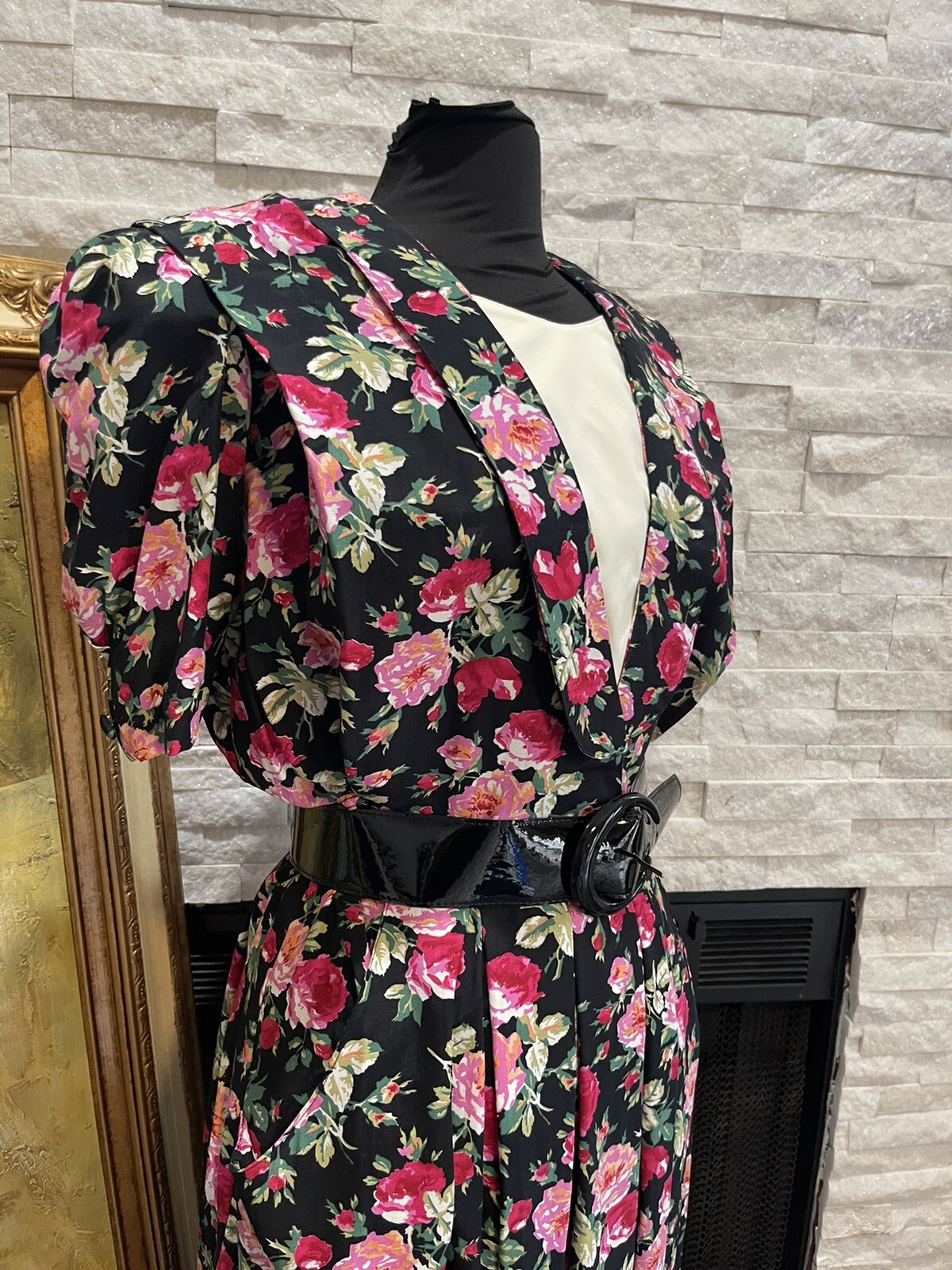 VTG 80s Cottage Core Trad Wife Floral Party Belted Day Dress Modest Size 1