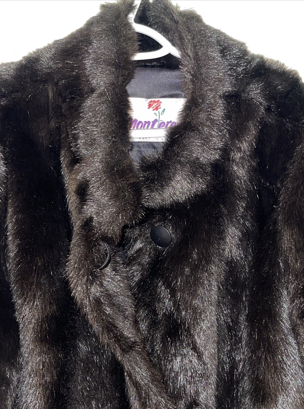VTG Monterey Fashions Faux Fur Coat Womens 16 Black Plush Mid Length Made USA